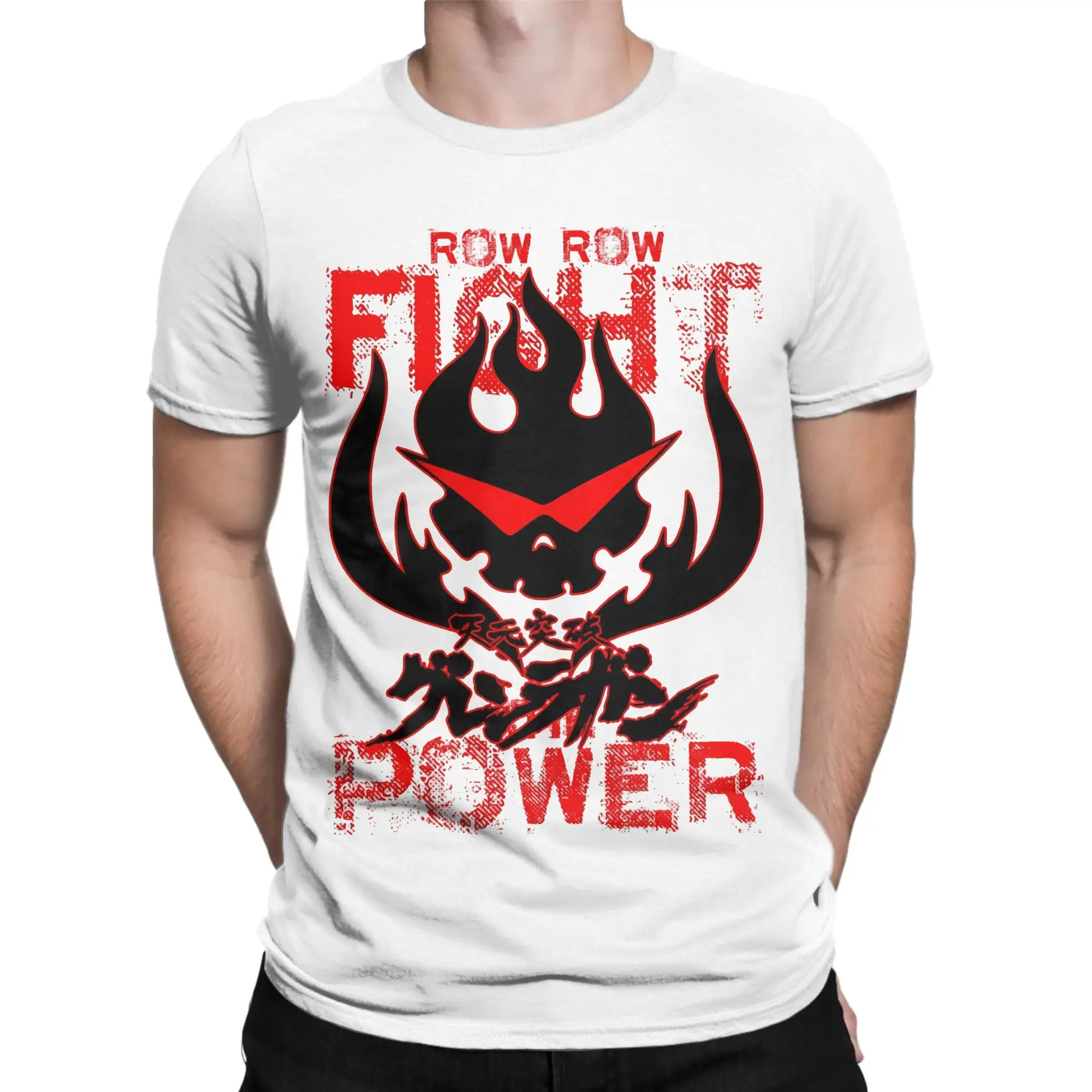 Row Row Fight The Power  Men T Shirt Gurren Lagann Vintage Tees Short Sleeve Crew Neck T-Shirt 100% Cotton 4XL 5XL 6XL Clothes