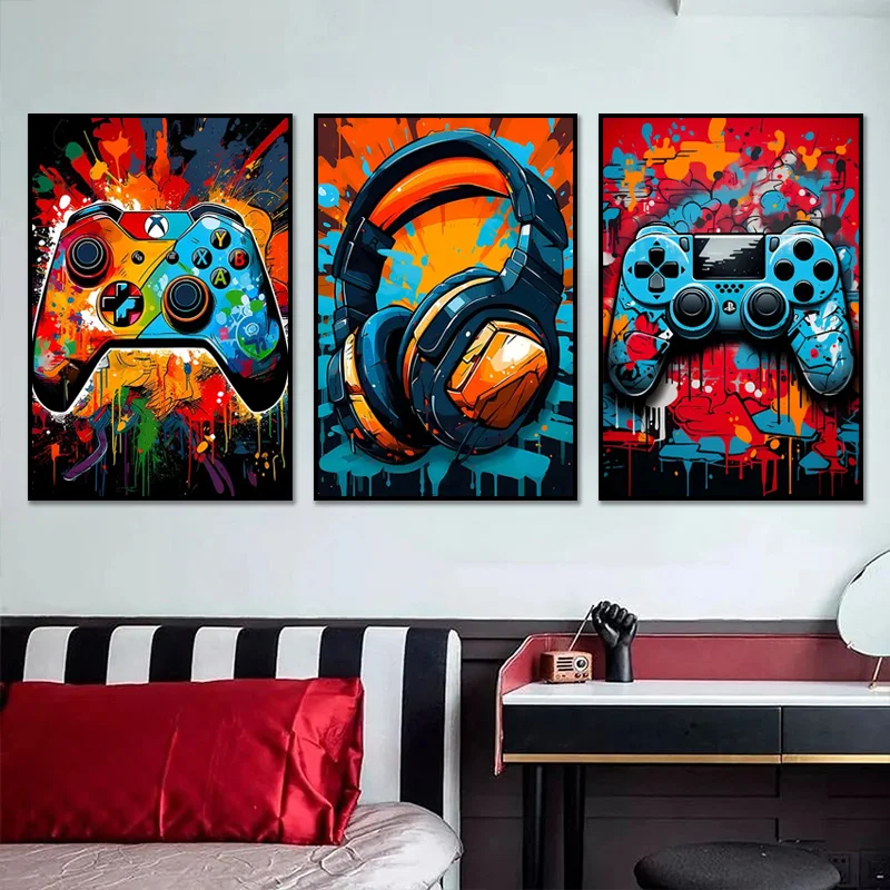 Colorful Graffiti Game Controller Canvas Painting Gaming Poster Gamepad Print Picture for Boys Gamer Bedroom Wall Art Home Decor