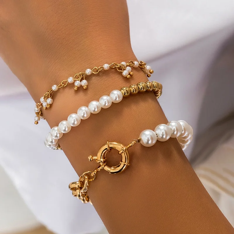 Sweet Cool Multi-Portrait Imitation Pearl Bracelet Set Personality Cross Chain Bracelet Female Light Luxury Ornament