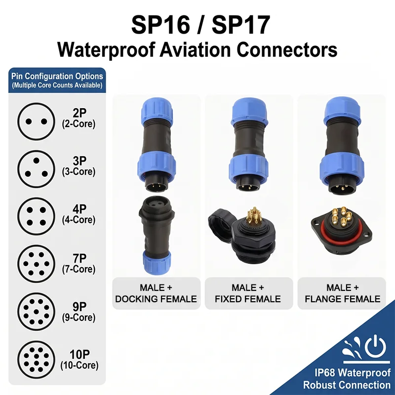 SP16 SP17 IP68 Aviation Waterproof Connector 2/3/4/5/6/7/9/10Pin Connector Nut/Square/Docking Male Female Plug Socket