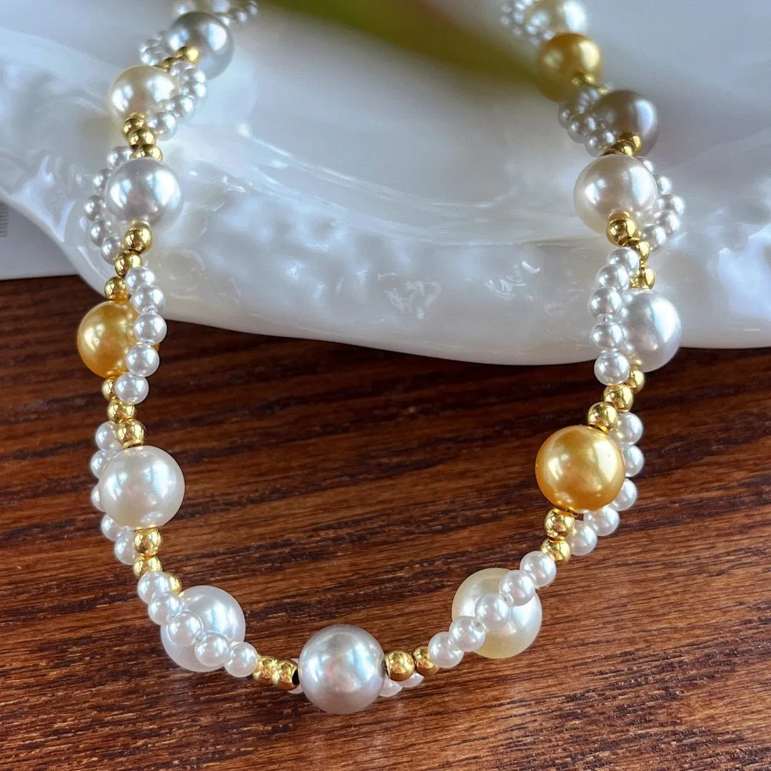 Vintage High-quality High Gloss Cold White Mixed Color Warm Gold Candy Woven Pearl Collarbone Chain Necklace