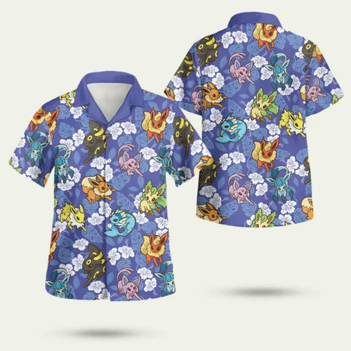 Imagen 1 del producto ""La familia Eevee domine los trópicos! Camisa hawaiana con flores florecientes a base de azul: Carnaval kawaii ¡Último verano 2025!""