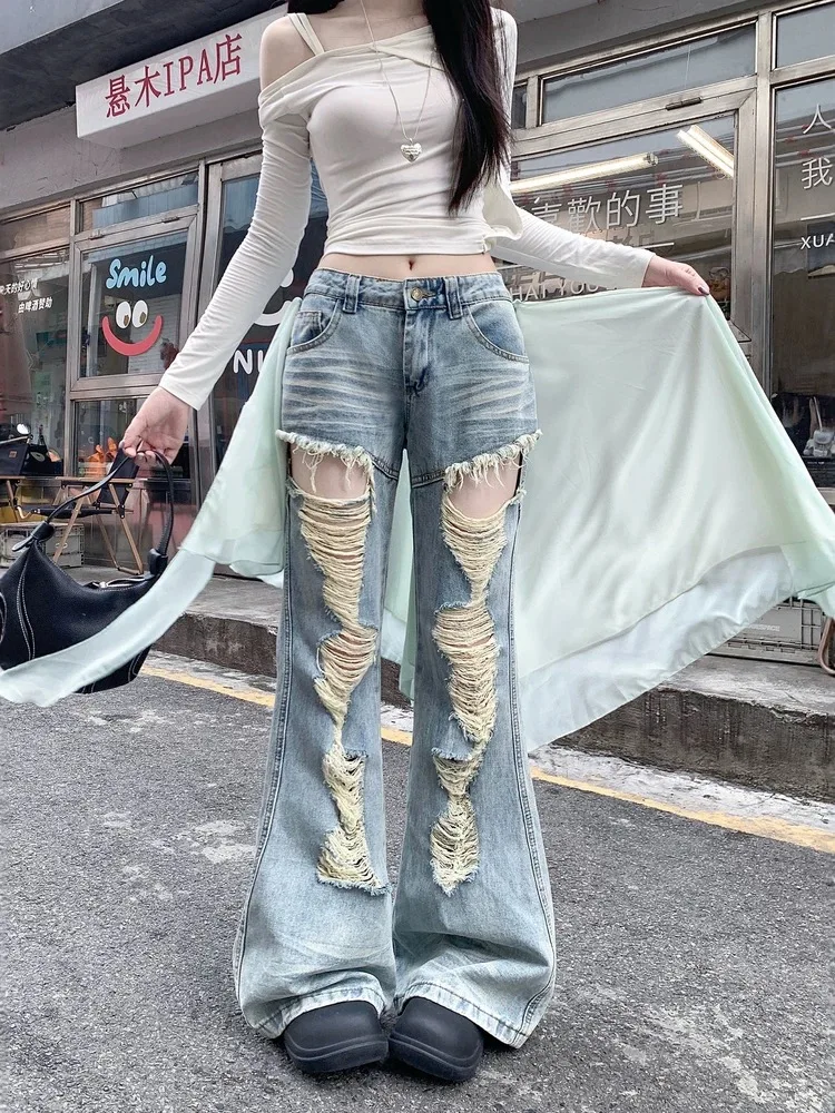 

Y2K потертые джинсы женские съемные пердежные занавески с отверстиями дизайн микро-клеш брюки потертый уличный стиль облегающий крой модный