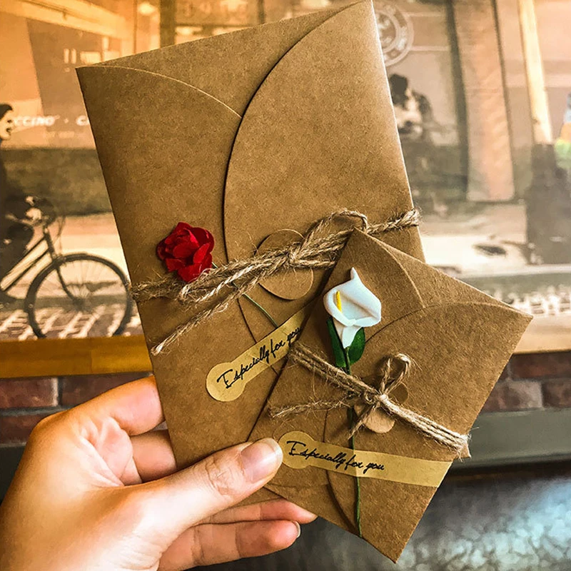 5pcs Mini Envelope Vintage DIY Kraft Paper Invitation Greeting Card with Fashion Handmade Dry Flower Wedding Favors Party Gift