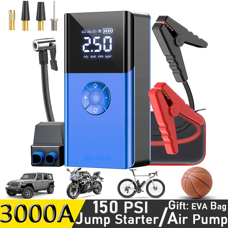 

3000A emergency car jumper auto compressor power bank 12v portable starting device battery booster jump starter with air pump