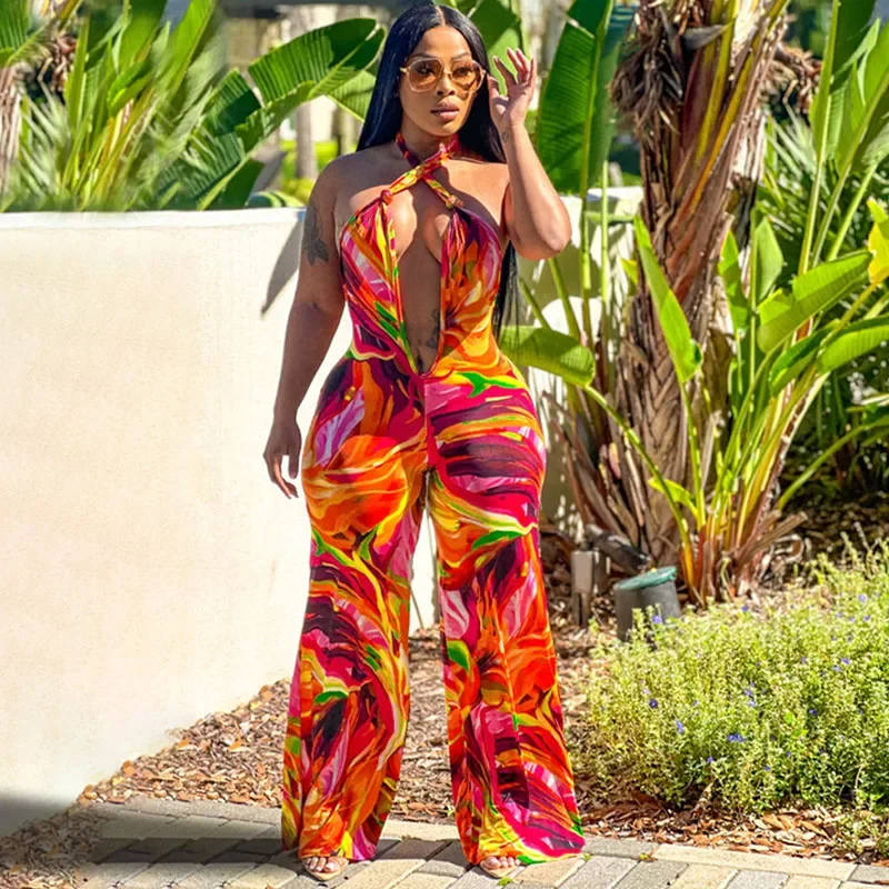 Sexy Halter Deep V-neck Backless Jumpsuit Women 2025 Sleeveless Printing Holiday Outfits One Pieces Wide Leg Rompers Bohemia