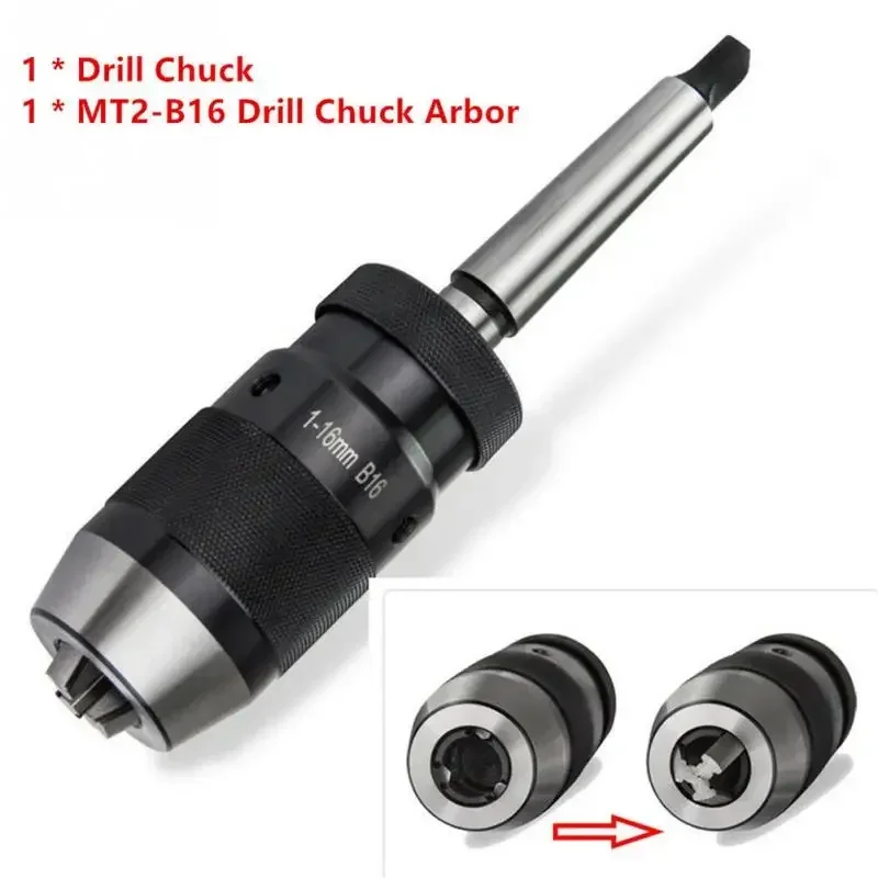 1-16mm MK2 Accessories Lathe Tool MT2-B16 Arbor Live Center Drill Chuck Durable Taper Steel Self Tighten Keyless Portable Home