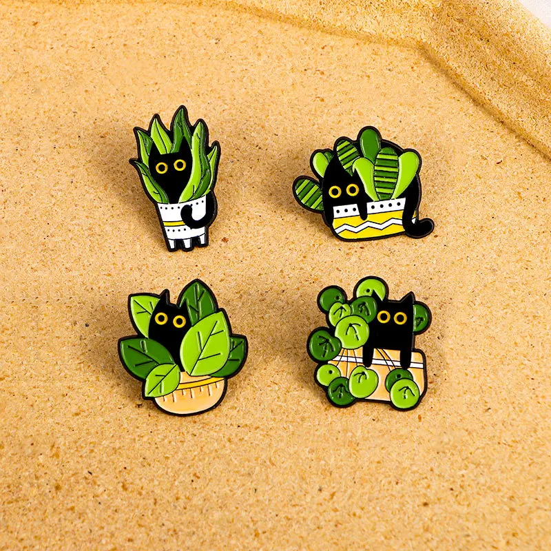 Cats in Plants Enamel Pins Custom Black Cat Potted Plant Brooches Lapel Badges Fun Animal Plant Jewelry Gift for Kids Friends