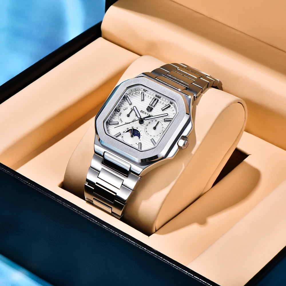

Новинка BENYAR 2022, повседневные квадратные кварцевые часы из нержавеющей стали, водонепроницаемые светящиеся роскошные многофункциональные деловые часы для мужчин