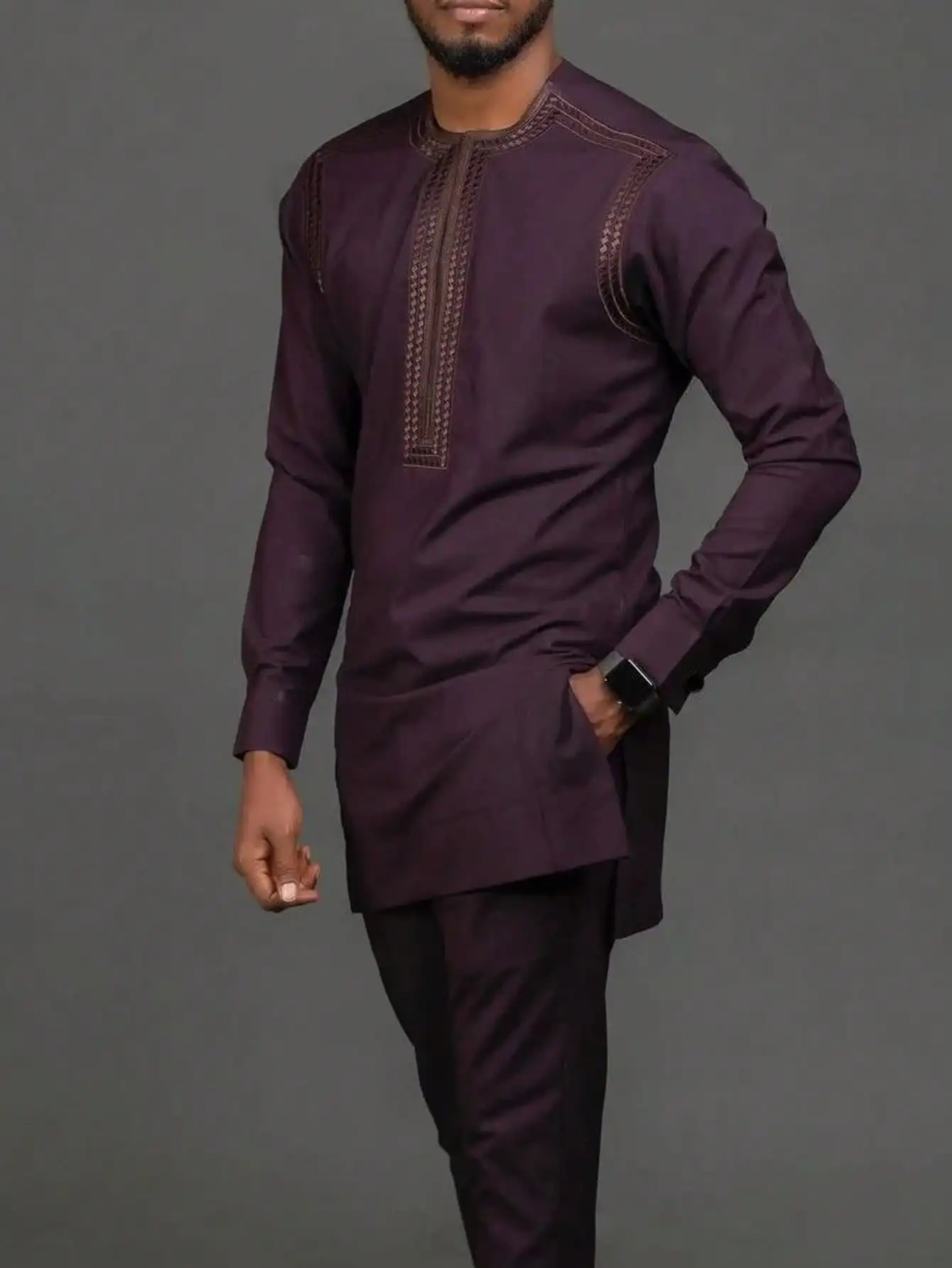 African Clothing For Men Suits Traditional Embroidery Long Sleeve Top Pants Two-piece Set Kaftan Outfits Fashionable