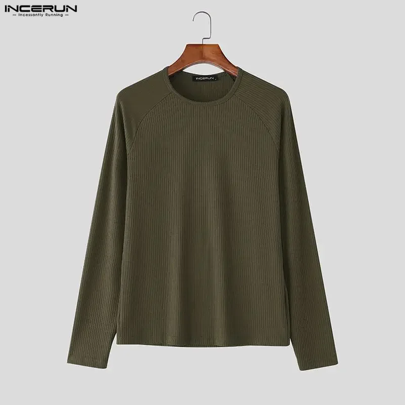 

INCERUN Мужская футболка однотонная трикотажная мужская футболка с круглым вырезом и длинными рукавами уличная одежда весенняя модная повседневная мужская одежда S-5XL