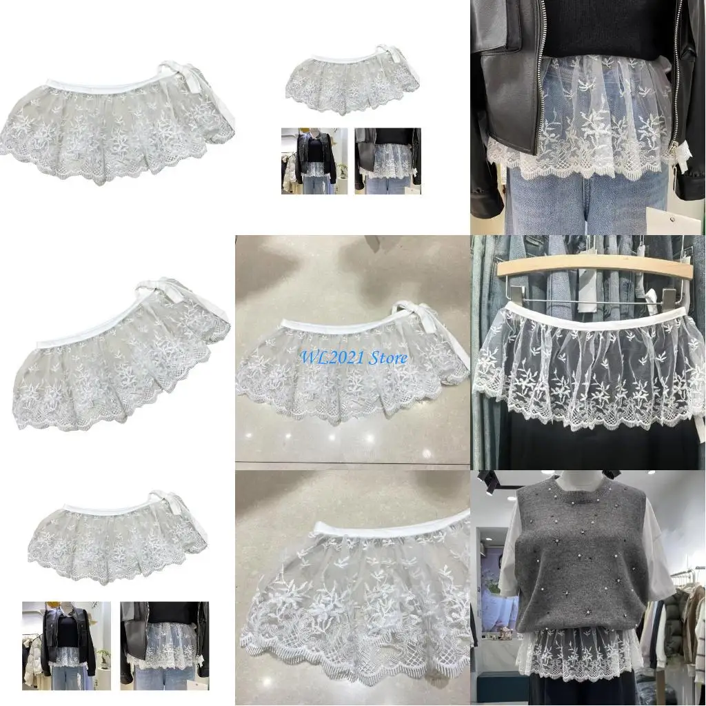 

G5GC Women's Decorative Lace Waist Belt Mini Apron Skirt with Tie Mesh Shirt Extender
