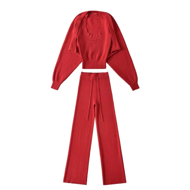 

2025 Вязаный жилет Long Sve Открытый кардиган Свободный повседневный комплект Широкие брюки круглые Ne Повседневная спортивная одежда Ансамбль