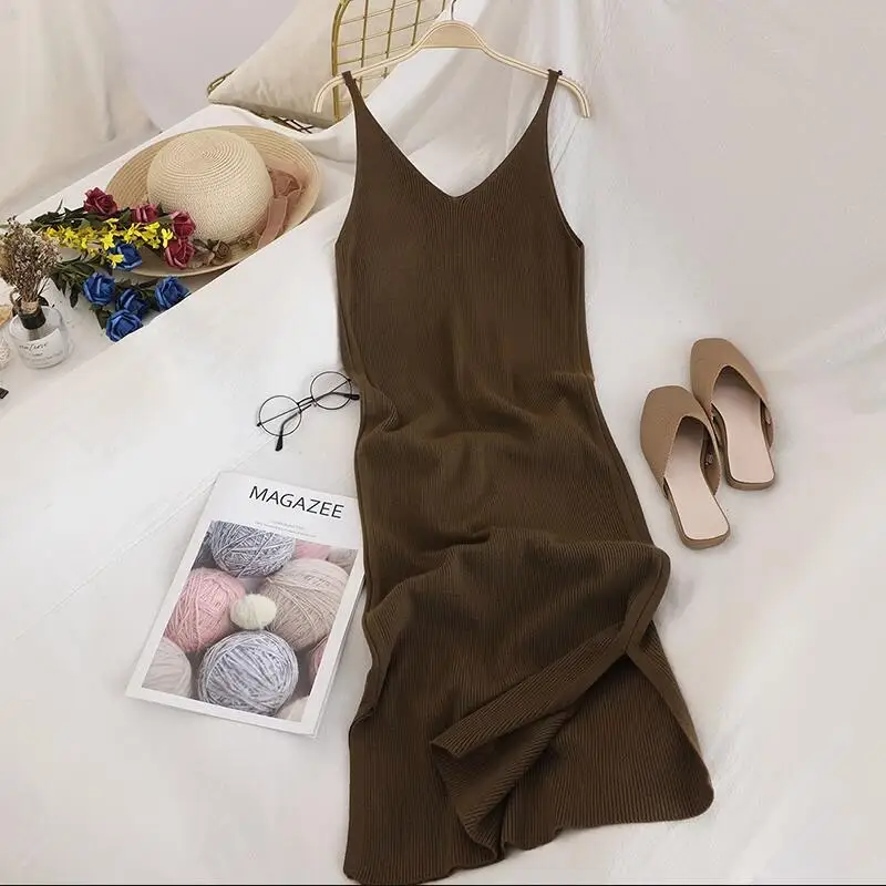 2023 Auutmn Knitted Vestidos Solid V Neck Vintage Chic Autumn Winter Women Dresses Stretch Slim Sexy Long Dress