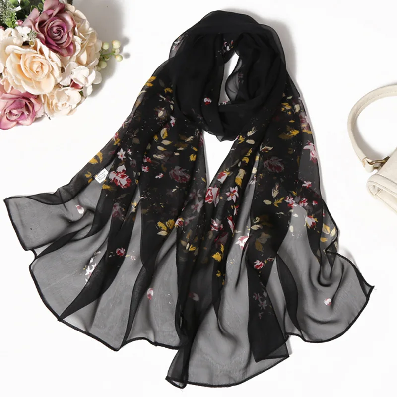 Summer Beach Sun Protection Chiffon Georgette Scarf Small Flower Women Foulard Shawl Bandana Elegant Thin Breathable