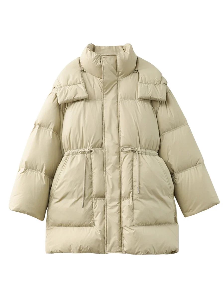 CHIC VEN-Chaqueta de plumón para mujer, chaqueta holgada lisa con capucha y cintura abombada, abrigo de pato blanco medio largo 90 para invierno 2024