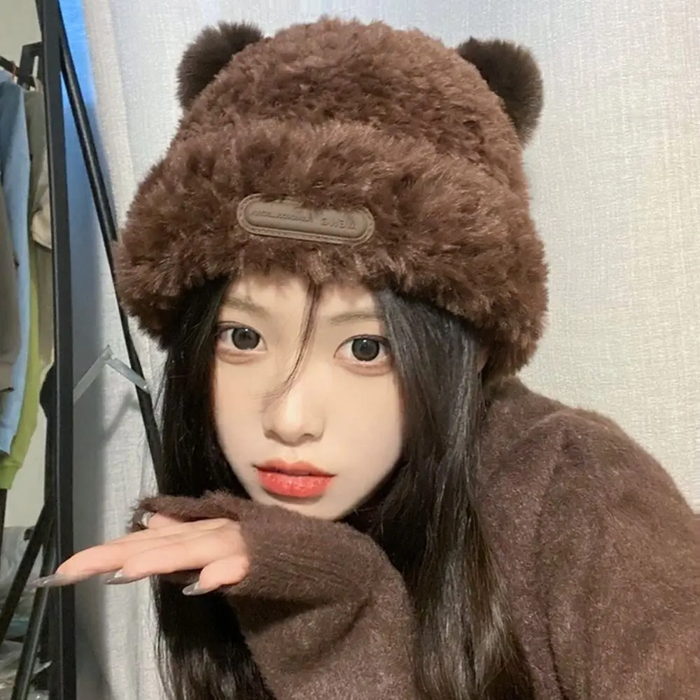 Cute Ear Women Earmuffs Cap Cartoon Bear Ear Protection Hat Solid Color Plush Beanies Girl Winter Warm Fluffy Fur Headgear 모자