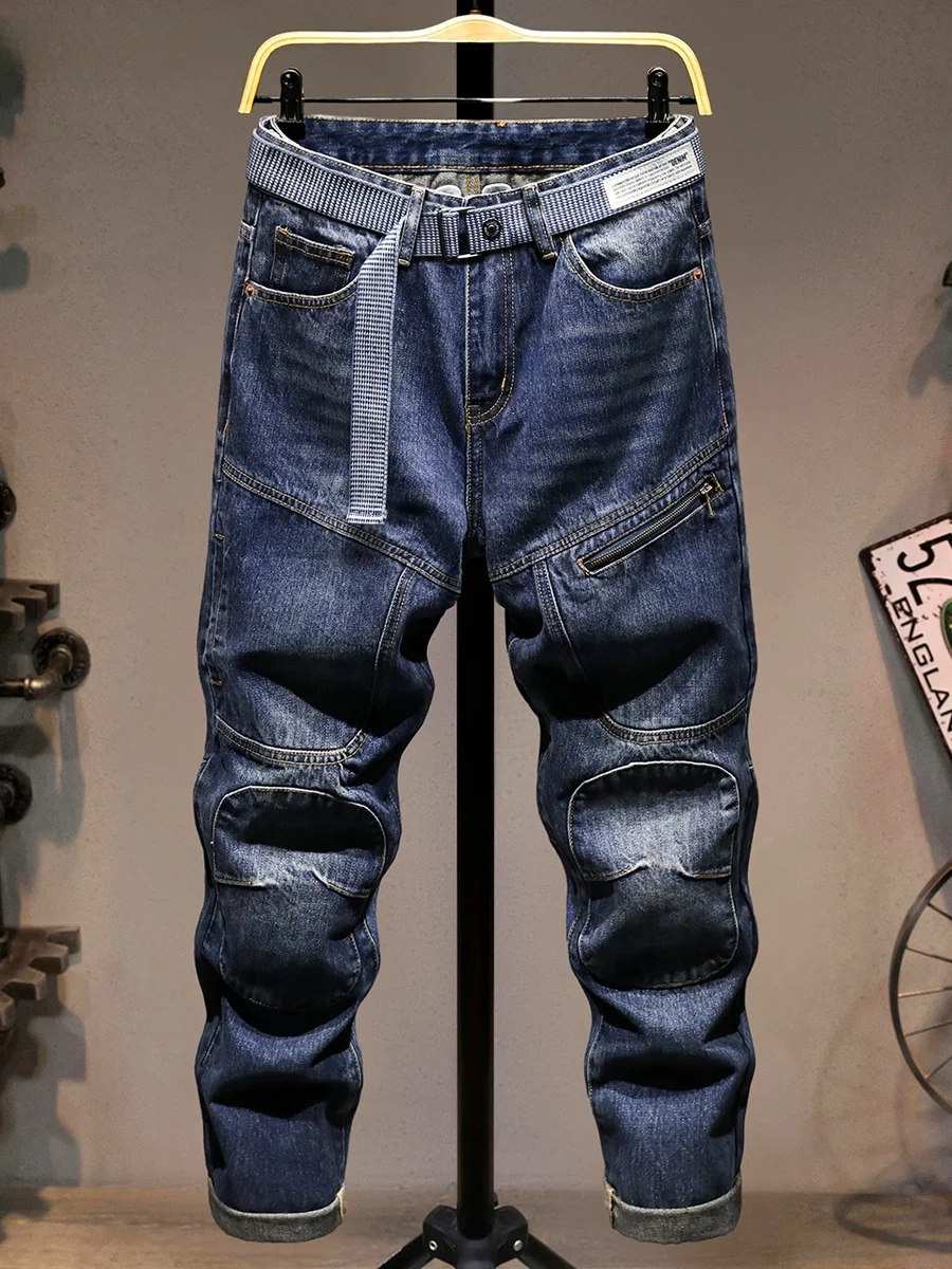 

Retro Washed Men's Jeans Loose Straight Leg Trousers Fashionable Splicing Long Pants Versatile Casual Cotton Polyester Blend