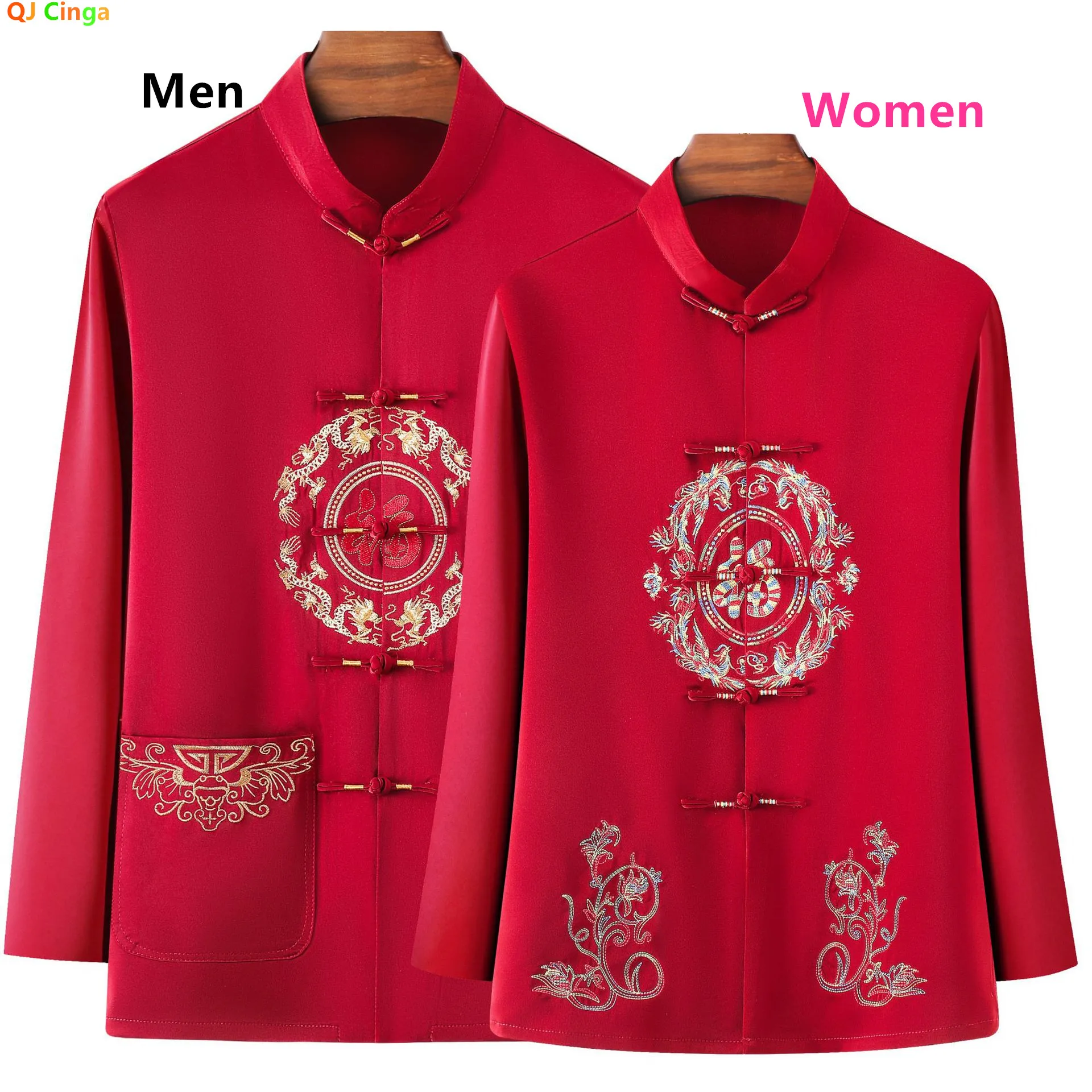 

Men's Red Embroidered Long-sleeve Jacket for Spring and Fall; Women's Chinese-style Stand-collar Coat.Available in Beige, Blue.