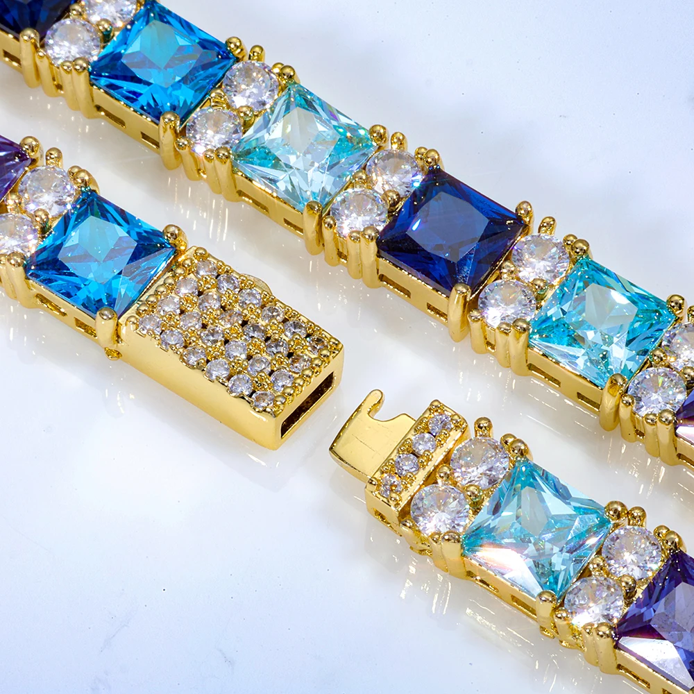 

2026 Summer Hip Hop Luxury Jewelry 925 Silver Blue Princess Cut Zircon Cluster Tennis Bracelet Men and Women Gifts