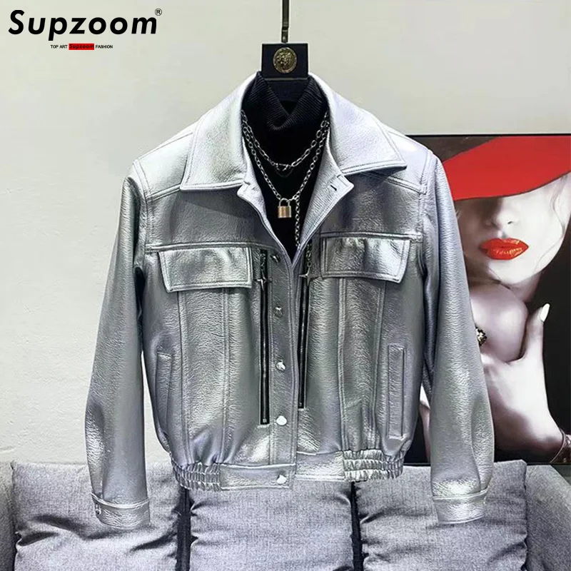 

Supzoom 2024 New Arrival Top Fashion Autumn And Winter Pu Zipper Bright Light Synthetic Leather Leisure Handsome Jacket Men Coat