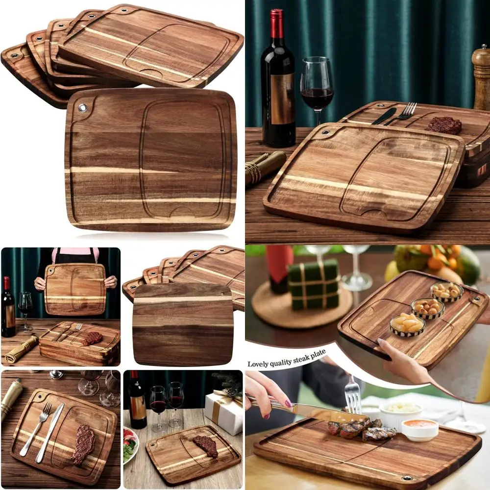 

Acacia Wooden Steak Board Set with 6 Plates and Juice Channel for Serving and Eating Meat at Home