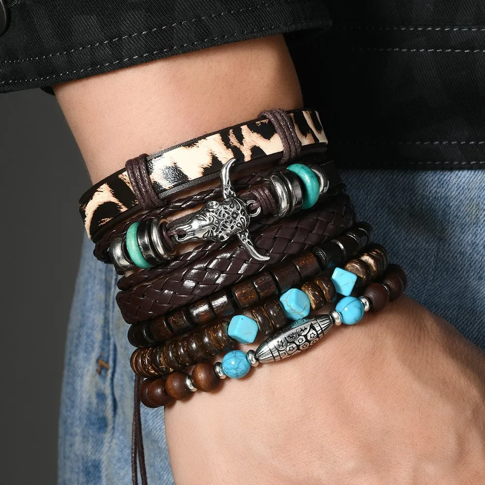 Wholesale Men's New Retro Jewelry DIY 6pcs Wood Beads Bull Head Eye Multi-layer Leather Woven Bracelet set