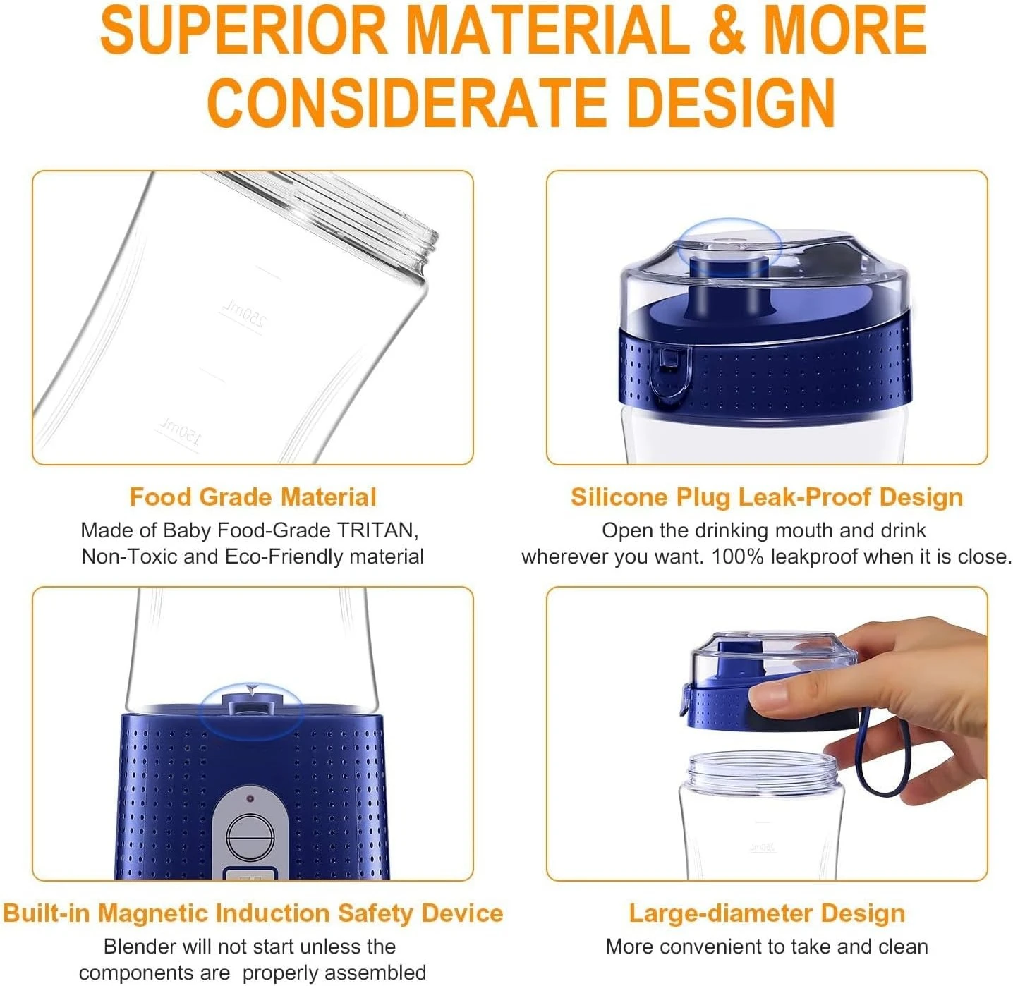 عصارة محمولة قابلة لإعادة الشحن عبر USB على كوب الخلاط مع شفاطات بروتين يهز الفاكهة خلاط صغير للتخييم في المكتب والرياضة المنزلية