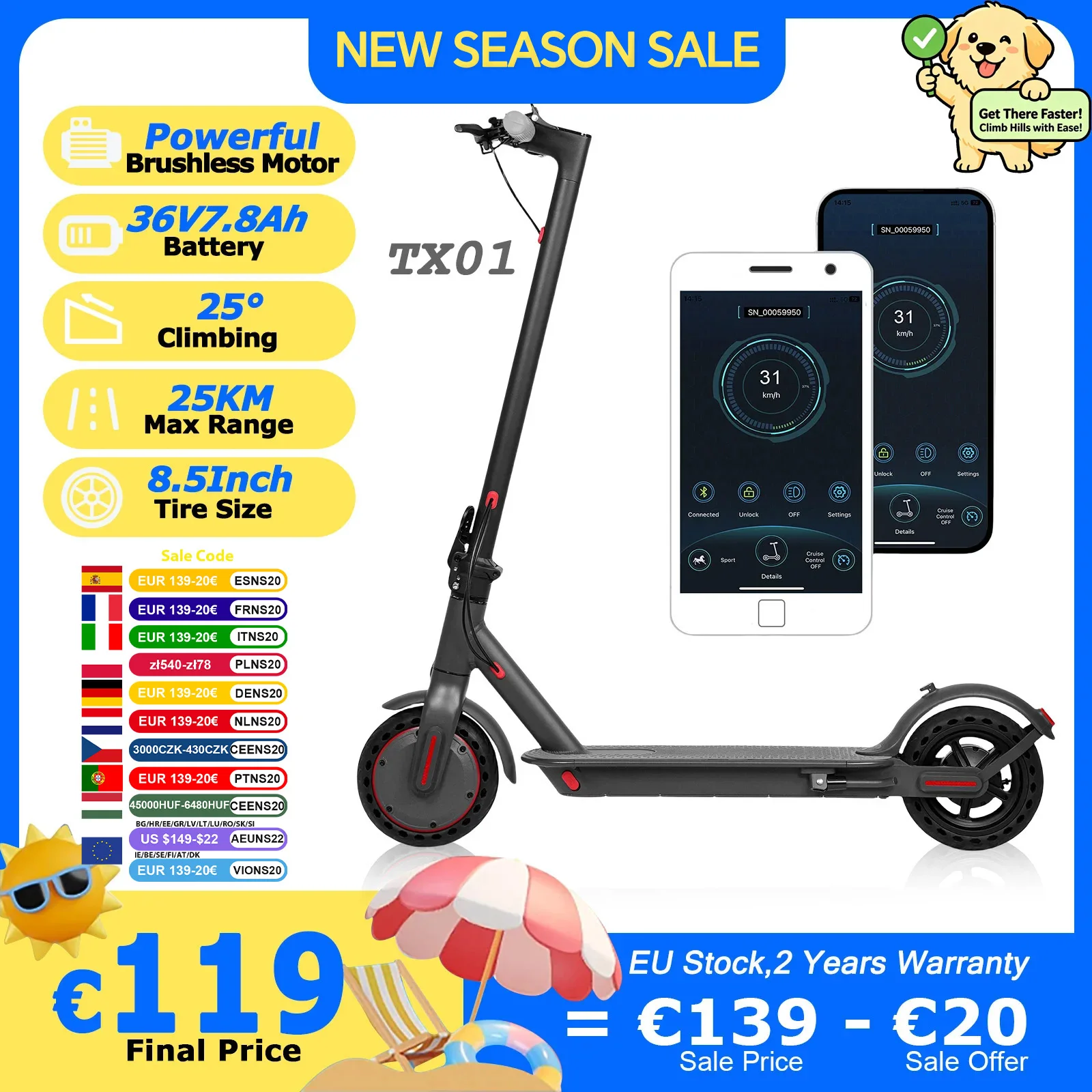 2026 Neuer JUICEASE TX01 Elektroroller Leistungsstarker Motor 36V7.8Ah 25KM Reichweite Hohe Geschwindigkeit 25 ° Klappbarer Erwachsenen-E-Scooter mit 8,5-Zoll-Reifen und APP-Steuerung AOVOPRO App