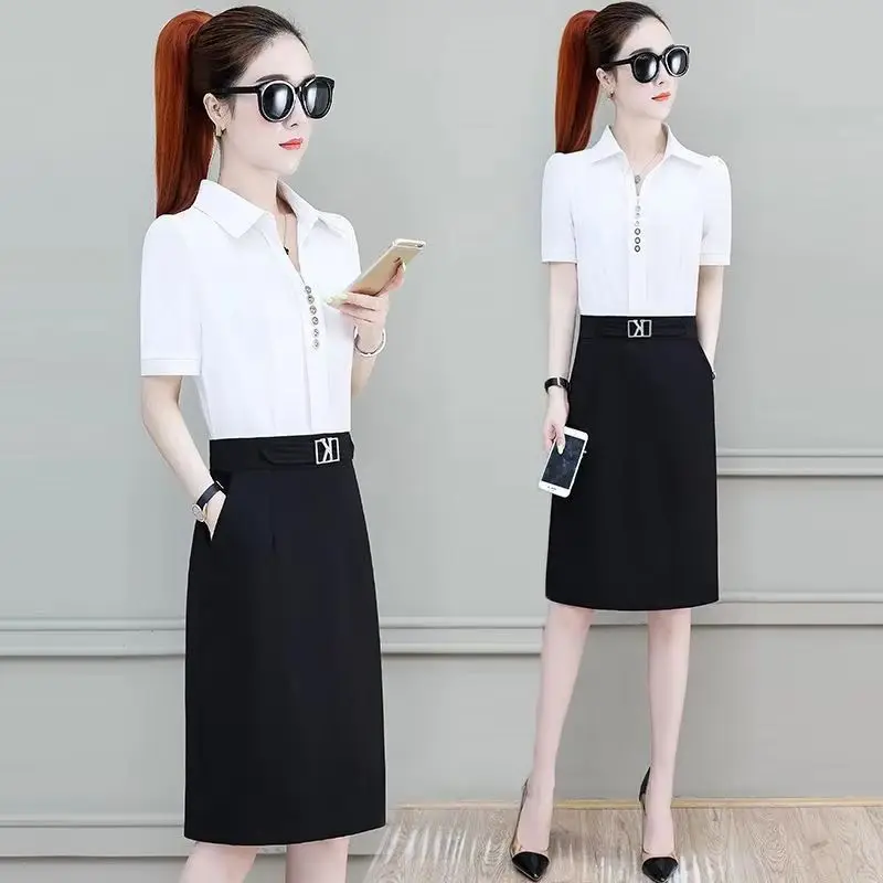 المرأة 2025 صيف جديد فستان حفلة أنيقة موضة سليم عالية الخصر منتصف طول بلون تنورة الإناث شريط تي شيرت مطبوع