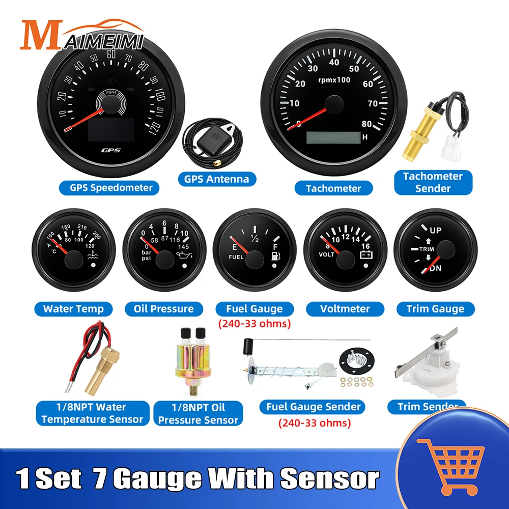 

7 Color Backlight Gauge Set GPS Speedometer Tachometer Water Temp Oil Pressure Fuel Volt Trim Gauge For Car Truck Boat 12V 24V