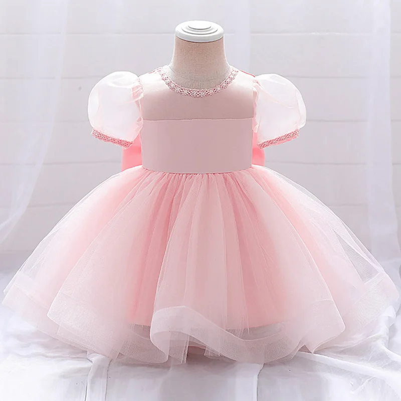 Summer White Pink Toddler Baptism 1st Birthday Dress Baby Girl Clothes Princess Wedding Lace Party Puff Sleeves Kids Costume