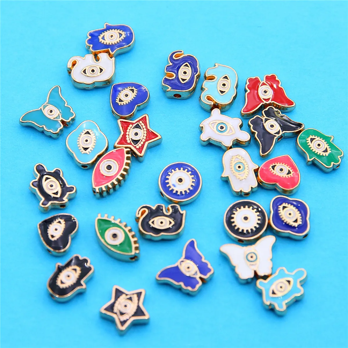 10pcs Devil's Eye Alloy Color Two-Color Enamel Straight Hole Loose Beads Accessories Palm Butterfly Love Eyes Bracelet Beads