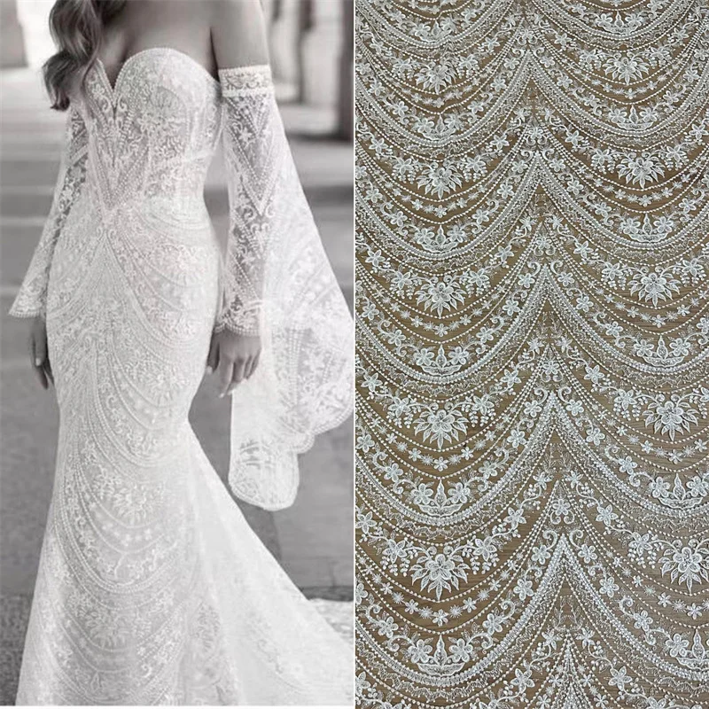 Fashion Wedding Dress Mesh Lace Fabric Off White Clear Sequins Emboidery Lace Fabric Free Shipping 1 Yard