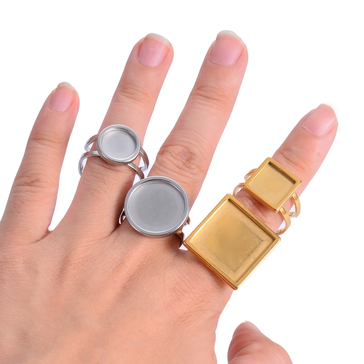 4 Stück Edelstahl-Ringe, verstellbar, runde und quadratische Fassungen, leere Basis, Glas-Cabochon-Rahmen, Schmuckherstellung, passend für 10 mm bis 25 mm. – Detail 6