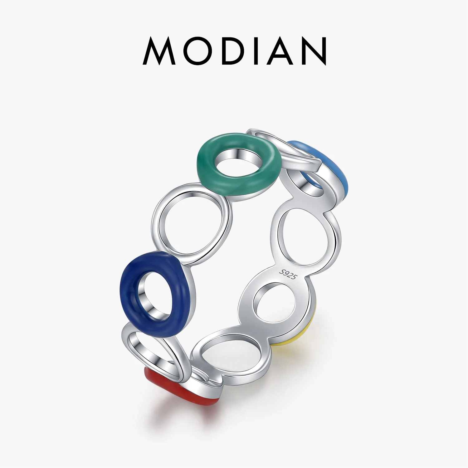 MODIAN 925 Sterling Silver Colorful Enamel Circle Ring Multi Color Hollow Stackable Finger Rings For Women Daily Jewelry Gift