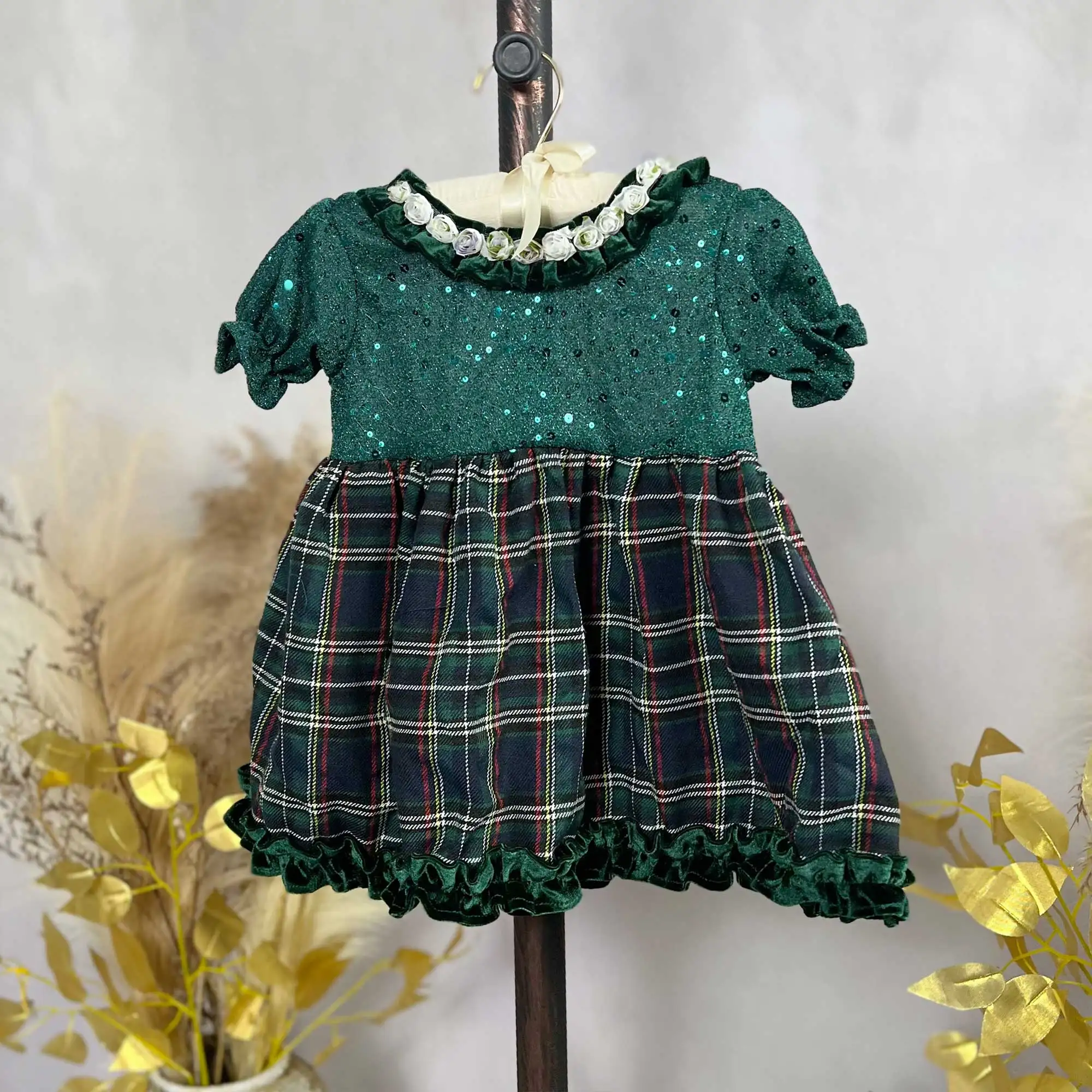 Sequin Puff Sleeves Paired with Plaid Dress Costume for Children Girl Cloth Christmas First Communion Gown Photography Shooting