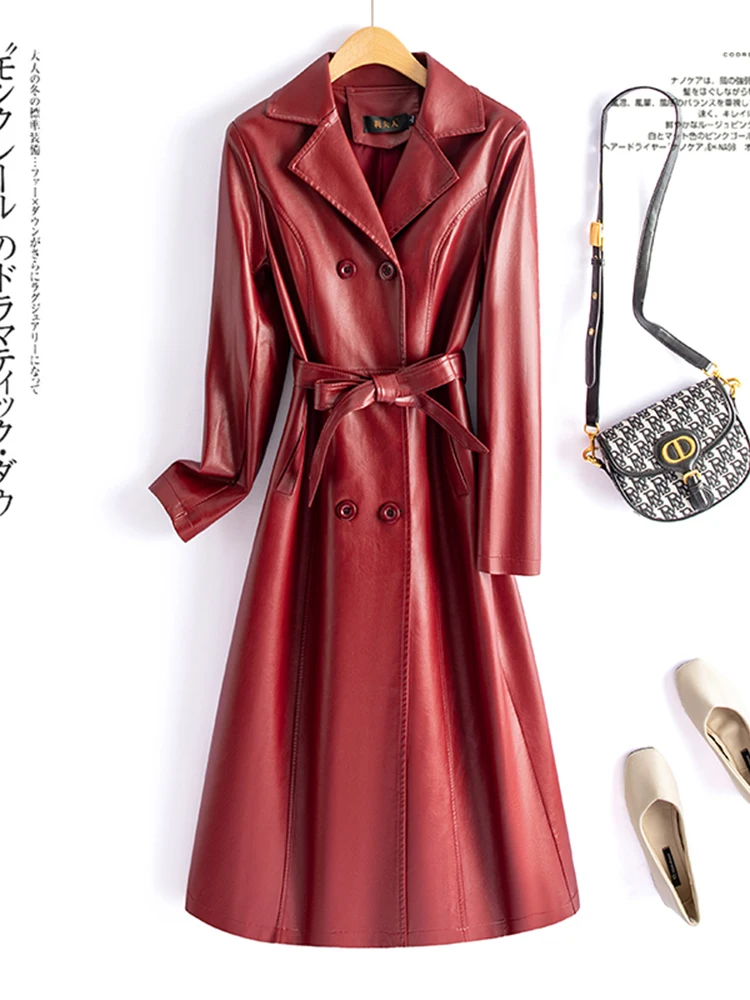   닝 정품 가죽 코트 여성용 중간 길이 무릎 위 2025 봄 가을 신상 한국 버전 슬림핏 양가죽 방풍...