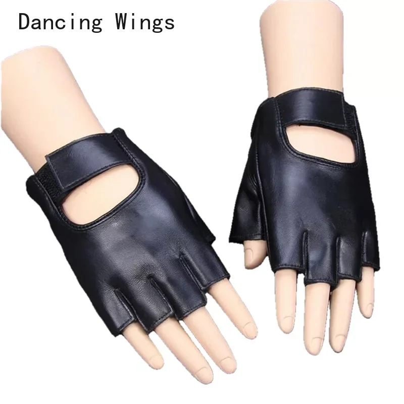 New Women Gloves Red Half Finger Genuine Leather Glove Dance Driving Semi-Finger Short Style