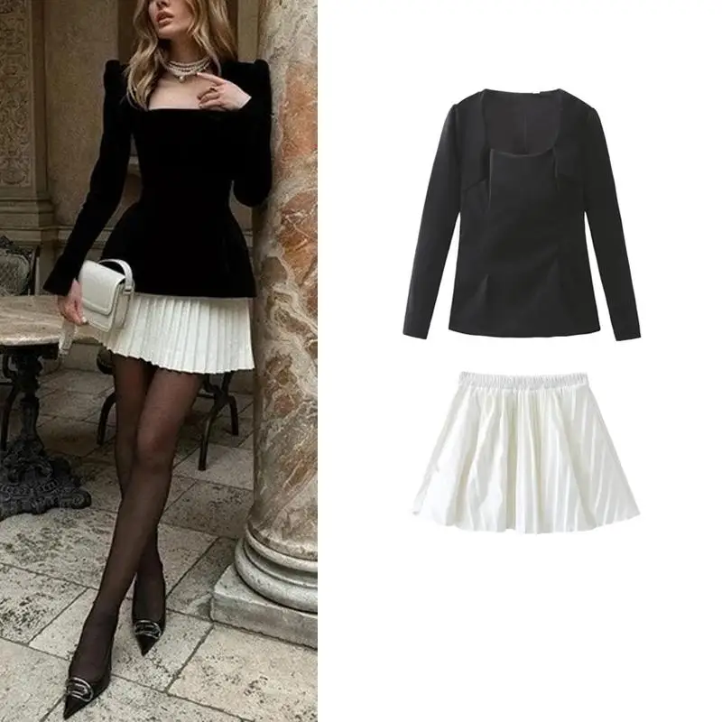 

Autumn Winter New Women's Faion Set Square Collar Long Sve Velvet Top A-Line Pleated ort Skirt Two-Piece Ensemble