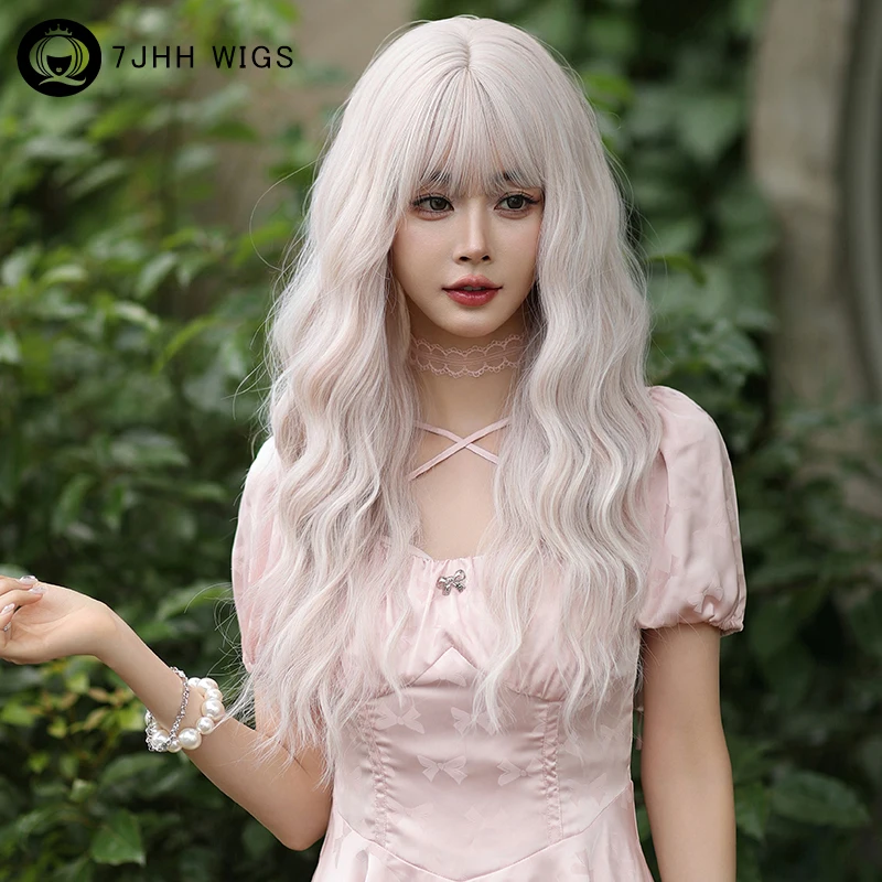 

7JHH WIGS Synthetic Body Wavy Silvery Ash Hair Wig with Bangs Beginner Friendly High Density White Wig for Women Costume Wigs