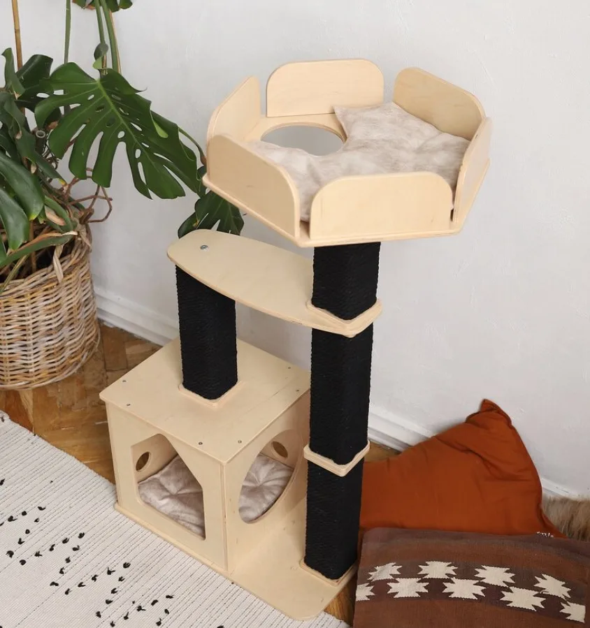 Factory Wholesale Custom Luxury  Wood Cat Condo Modern Cat Tree Tower Climbing &Scratching House Floral Cat Tree