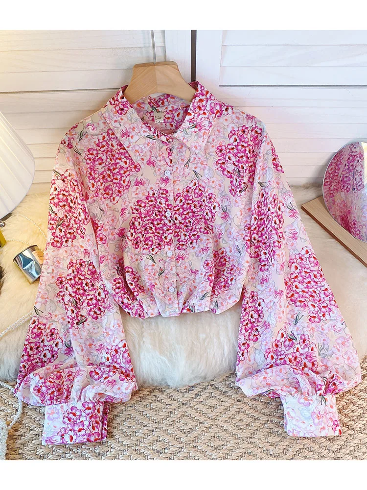 Women Sprin Autumn Shirt Polo Neck Long Sleeve Single Breasted Printed Chiffon Shirt Thin Western Versatile Slim Top D5499