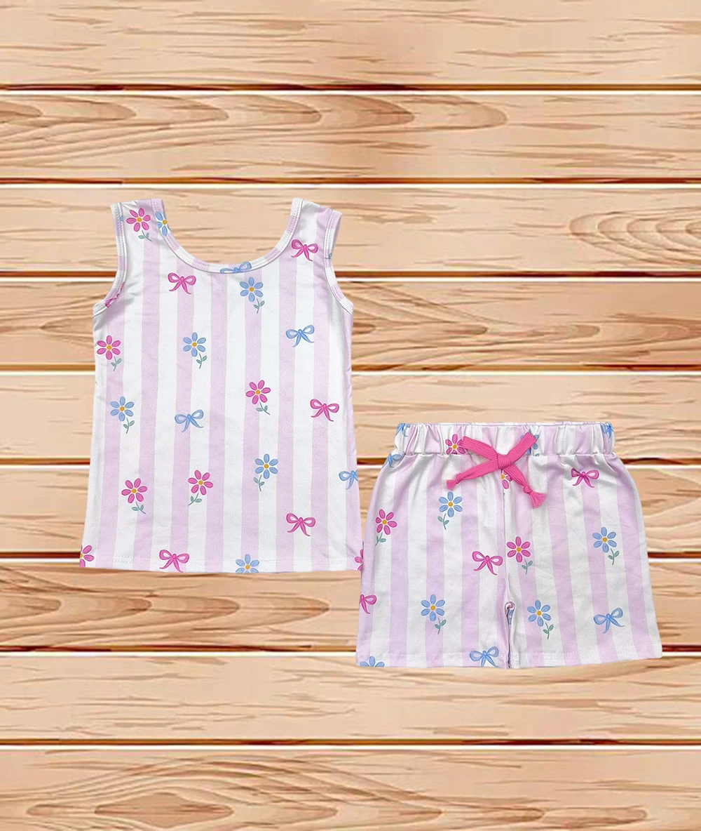 

4.18 Wholesale Western Boutique children clothing Baby Girls Pink Stripe Sleeveless Bows Flowers Top Shorts Sets