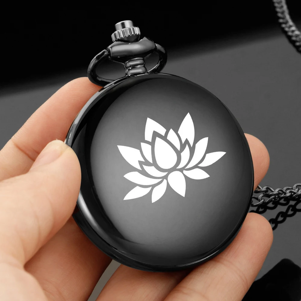 The lotus design carving english alphabet face pocket watch a chain orologio al quarzo nero regalo perfetto per le ragazze