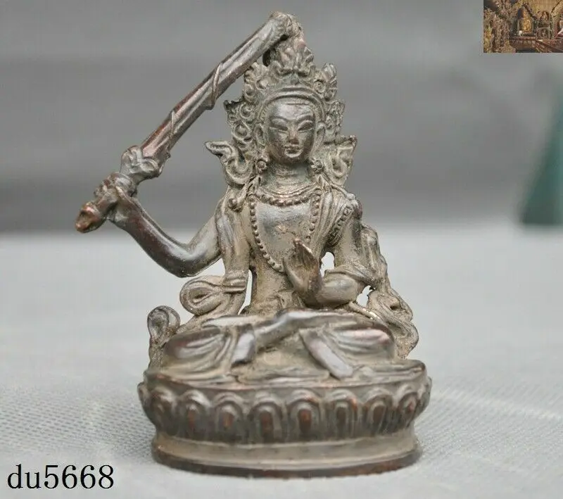 

Tibetan Buddhism Bronze Hold Sword Manjushri Tara Kwan-Yin Guanyin Buddha Statue