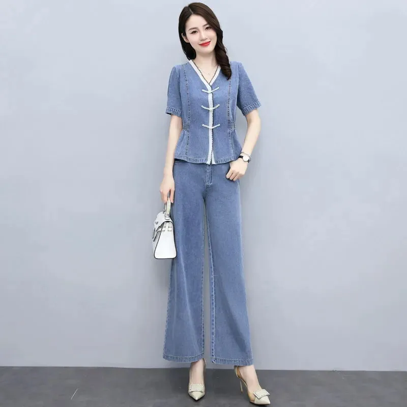 One Piece/Set Ice Silk Denim 2PCS Women 2024Summer New Cowboy Suit Casual Jacket Outfit Thin Wide-Leg Pants Two-Piece Female Top