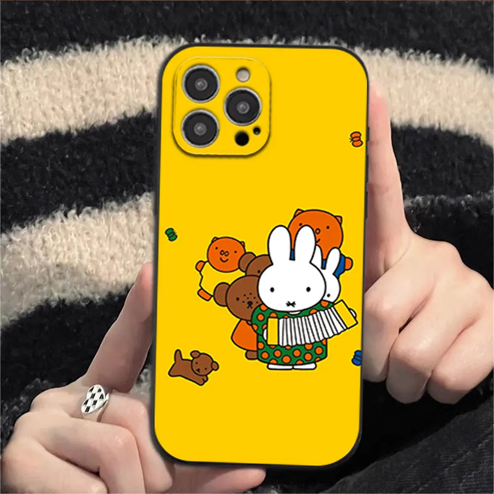 Rabbit M-Miffys Phone Case for iPhone 12 11 13 14 15 16 Max Pro Plus Black Soft Silicone shell