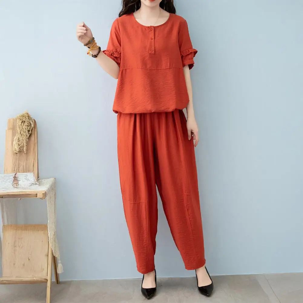 

Simple Solid Color Two-piece Set Stylish Women's Cotton Linen 2-piece Outfit with Pockets for Summer Casual Middle-aged Elderly