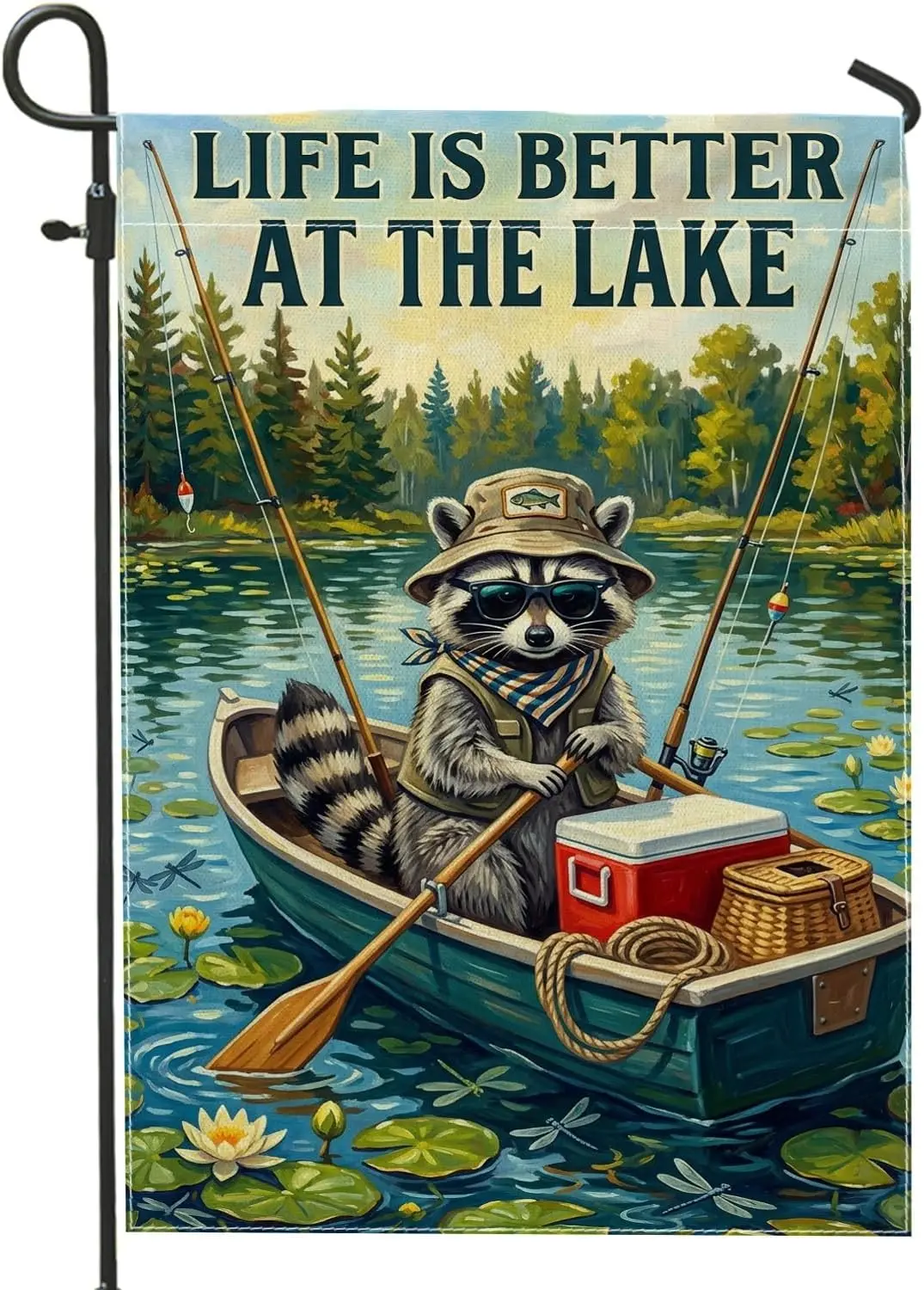 Raccoon Garden Flag, Nature Rustic Boat Fishing Rod Summer Green Double Sided Burlap Small Garden Yard Flag for Outdoor